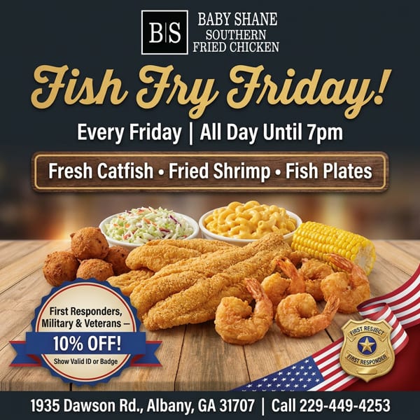 Baby Shane's Fish Fry Friday ad with fried catfish, shrimp, hushpuppies, coleslaw, and mac and cheese.
