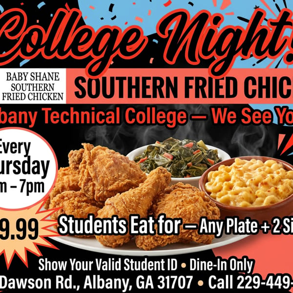 Baby Shane's Southern Fried Chicken advertisement for College Night with fried chicken, mac and cheese, and collard greens.