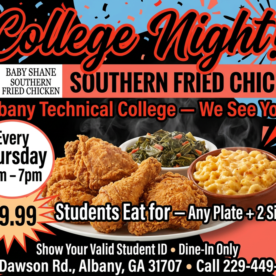 Baby Shane's Southern Fried Chicken advertisement for College Night with fried chicken, mac and cheese, and collard greens.