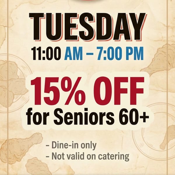 A promotional flyer for Baby Shane Southern Fried Chicken's Senior Day, offering 15% off for seniors 60+.