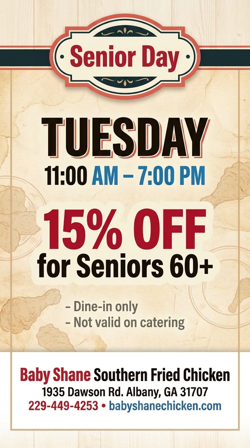 A promotional flyer for Baby Shane Southern Fried Chicken's Senior Day, offering 15% off for seniors 60+.