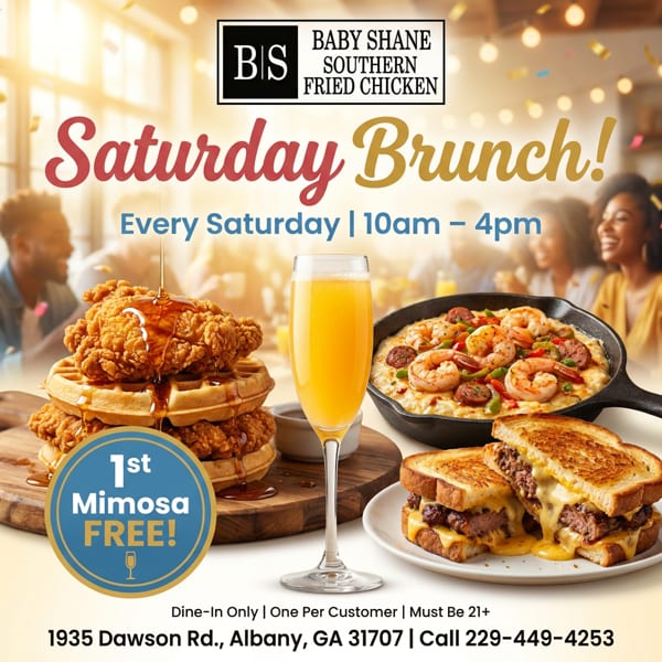 Chicken and waffles, shrimp and grits, and a patty melt with a mimosa for Baby Shane's Saturday Brunch.